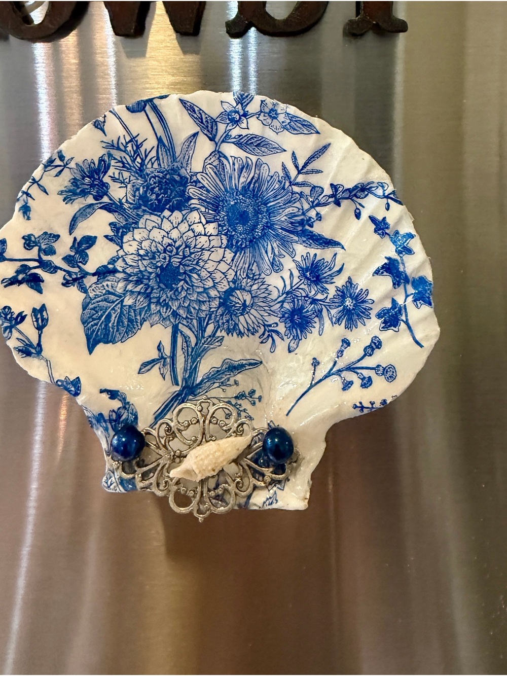 Hand Crafted Blue Floral Seashell Magnet or Trinket Dish